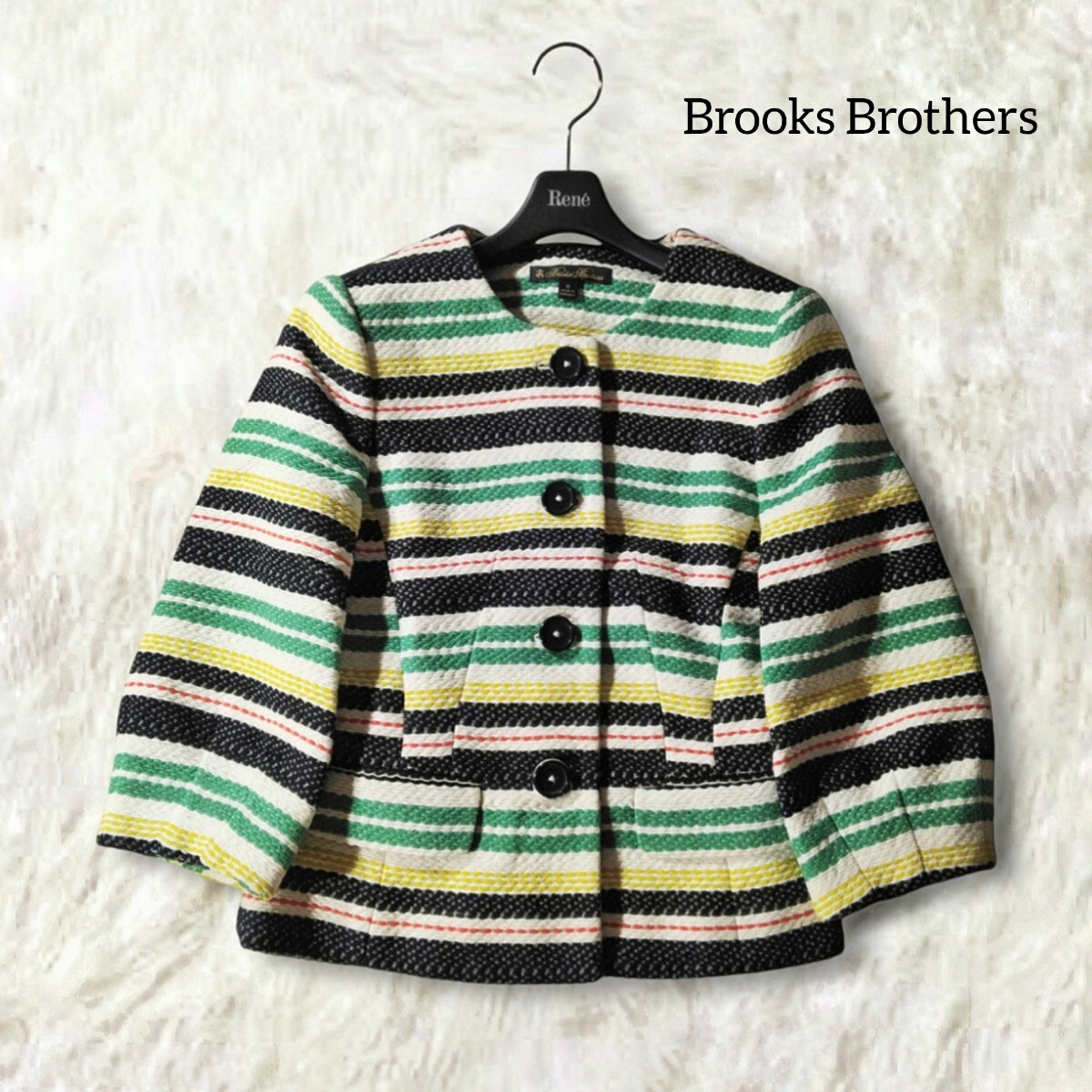 35 【Brooks Brothers】 ブルックスブラザーズ ノーカラー 秋 ジャケット 0 ボーダー ブラック ホワイト グリーン イエロー レッド 総柄 拍卖
