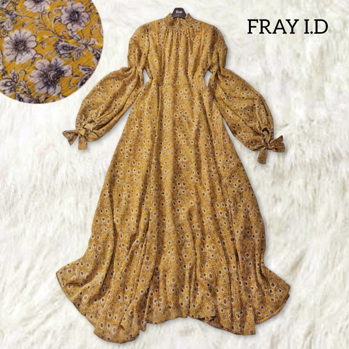 44 【FRAY ID】 フレイアイディー 花柄 ロングワンピース マスタード 辛子色 秋色 総柄 アンティーク アシンメトリー 長袖 リボン シアー 拍卖