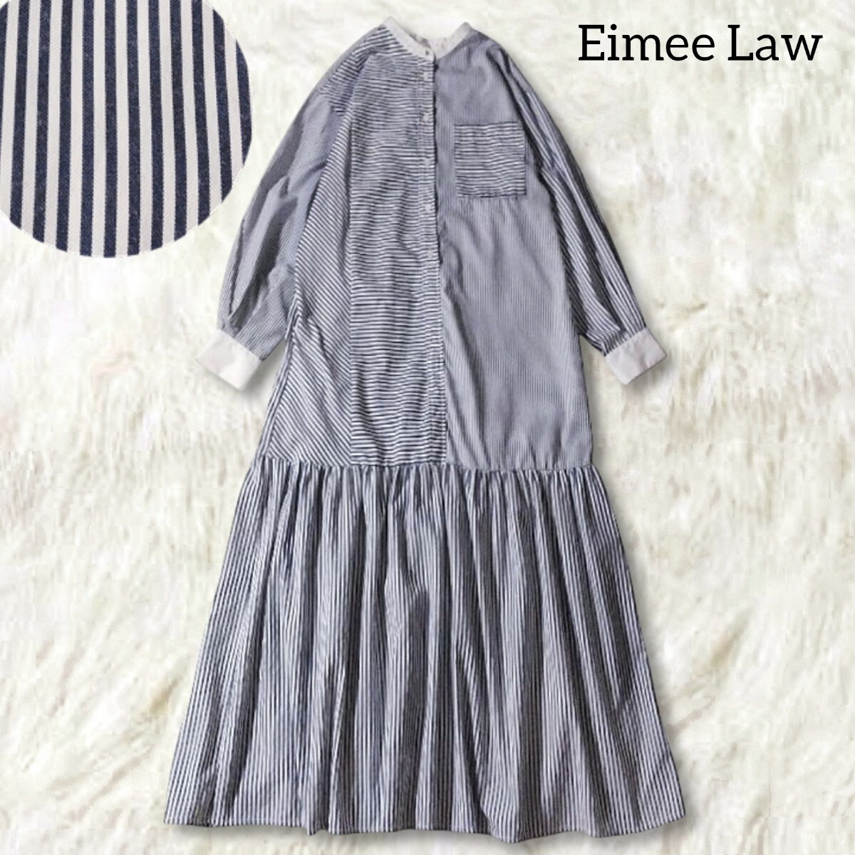 73 【Eimee Law】 エイミーロウ シャツワンピース ロングワンピース 38 ネイビー ストライプ ボーダー 総柄 バンドカラー 長袖 ゆったり 拍卖