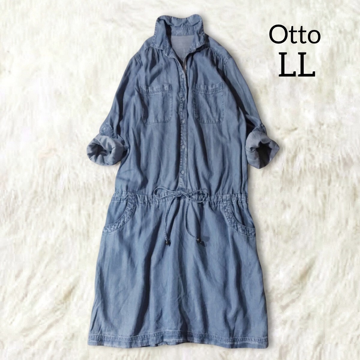 65 【大きいサイズ LL XL】 Otto オットー デニムワンピース シャツワンピース チュニック 長袖 ひざ丈 ギャザー 薄手 秋服 レディース拍卖