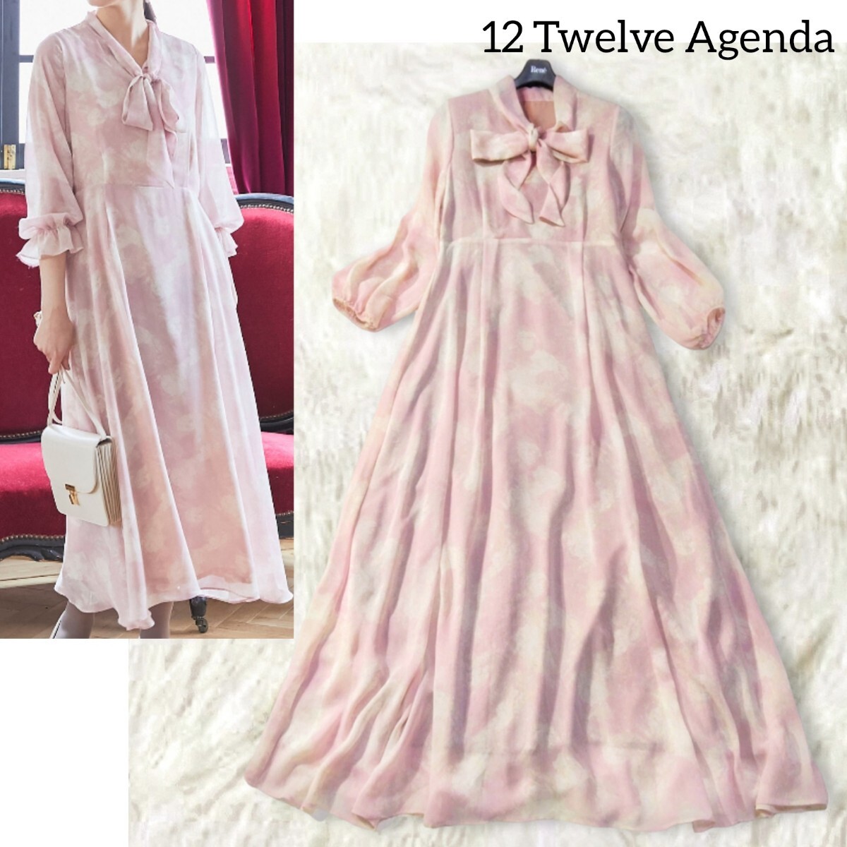 38 【12 Twelve Agenda】 トゥエルブアジェンダ ボウタイ リボンタイ ロングワンピース 総柄 ピンク 長袖 フレア Aライン 上品 光沢感拍卖