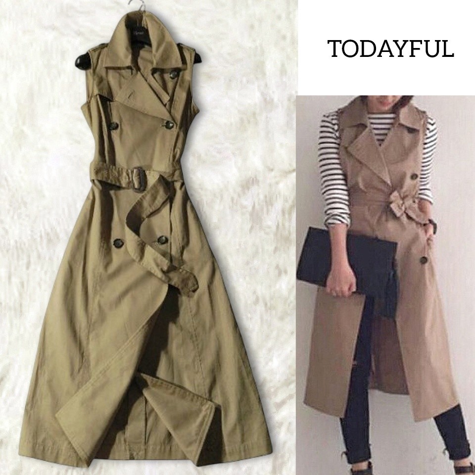 75 【TODAYFUL】 トゥデイフル トレンチワンピース ノースリーブ トレンチコート ベスト ジレ 38 M ベージュ 羽織り 秋 トゥディフル拍卖