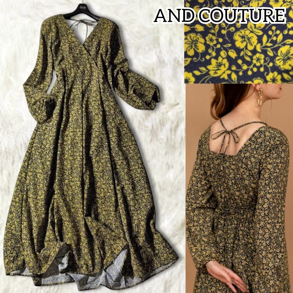 76 【AND COUTURE】 アンドクチュール 花柄 ロングワンピース 38 M ネイビー イエロー 総柄 フラワー 長袖 フレア カシュクール リボン拍卖