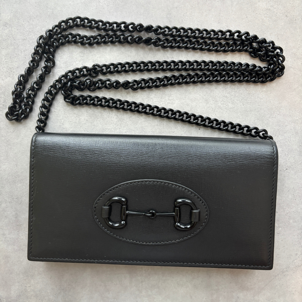 美品 グッチ ホースビット レザー チェーンウォレット ブラック 621892拍卖