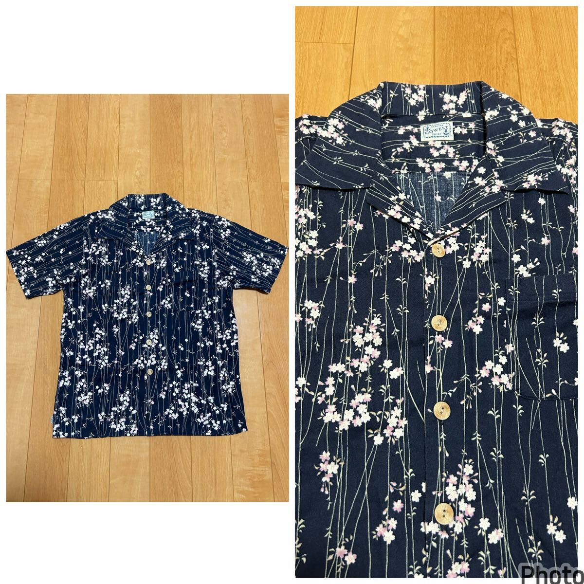 良品☆GOWEST/和柄 サイズ1 半袖アロハ風シャツ 桜&葉っぱ総柄! 竹ボタン&ロゴタブ付き Japanese pattern Hawaiian Shirt ゴーウエスト拍卖