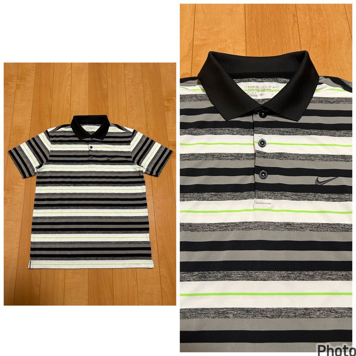 美品☆NIKE/ナイキゴルフ メンズサイズL ストレッチ強プルプル生地.快適速乾ドライ半袖マルチボーダー総柄ポロシャツ Swooshロゴ刺繍入!拍卖