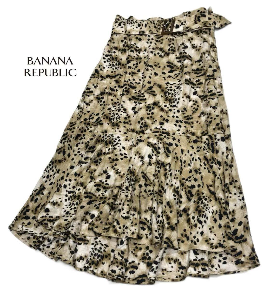 BANANA REPUBLIC★バナナリパブリック★(0)薄地レーヨン×ナイロン ベルト付き フレア ロングスカート/レオパード系拍卖