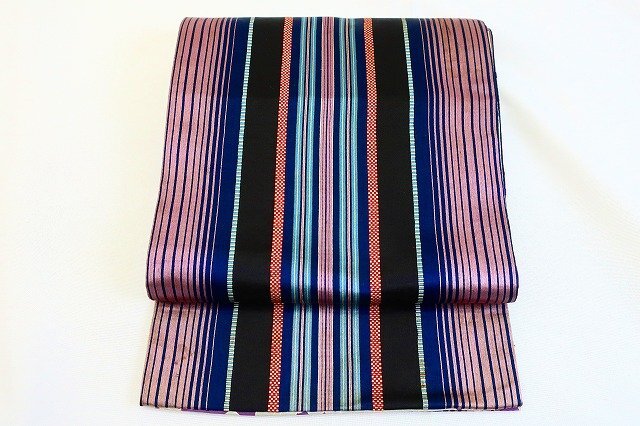 アンティーク帯 昼夜帯 3m71.5cm 黒 縞 正絹 大正ロマン レトロ お洒落 着物フィ 19684拍卖