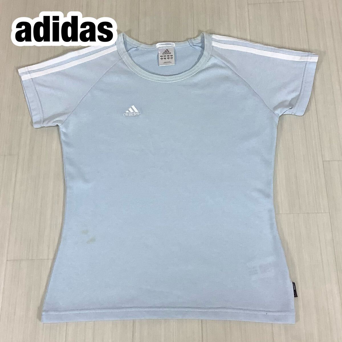 adidas アディダス 半袖Tシャツ レディースM ライトブルー 刺繍ロゴ スリーストライプ トレーニング拍卖