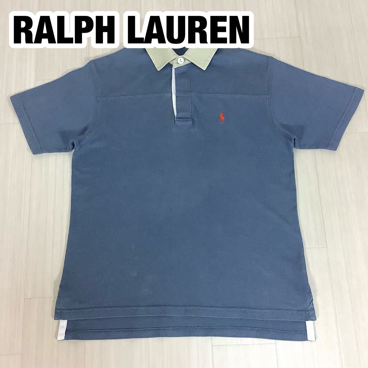 POLO BY RALPH LAUREN ポロバイラルフローレン 半袖ラガーシャツ 140cm くすみブルー ゴムボタン ロングテール 刺繍ポニー ナイガイ拍卖