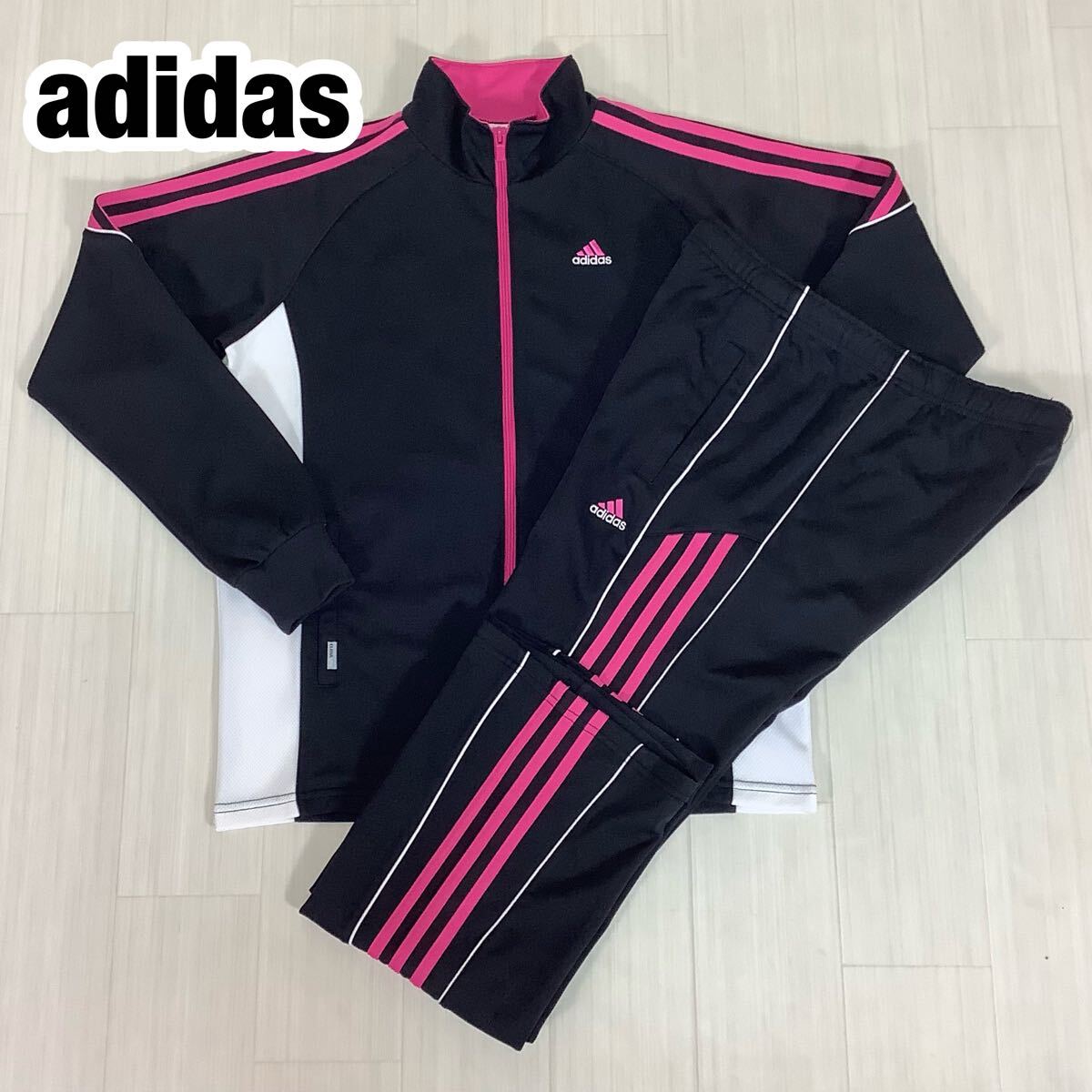 adidas アディダス セットアップ ジャージ上下 トラックジャケット トラックパンツ S ブラック×ピンク× ホワイト 3ストライプ 刺繍ロゴ拍卖