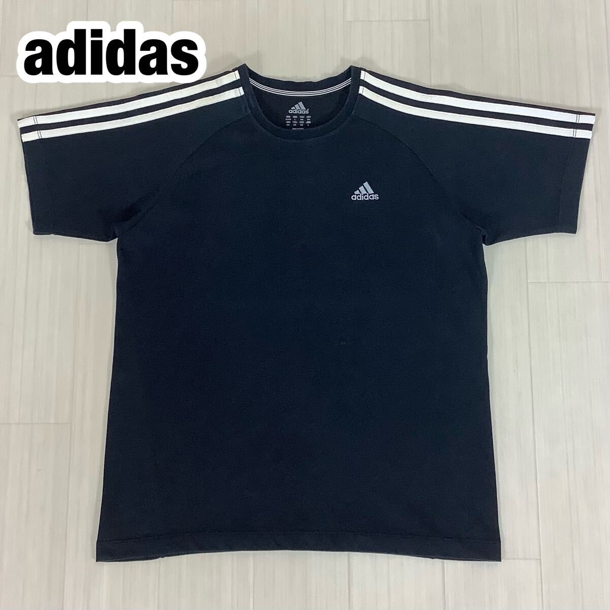 adidas アディダス 半袖Tシャツ 160cm ブラック 黒 3ストライプ 刺繍ロゴ スポーツ トレーニングウェア拍卖