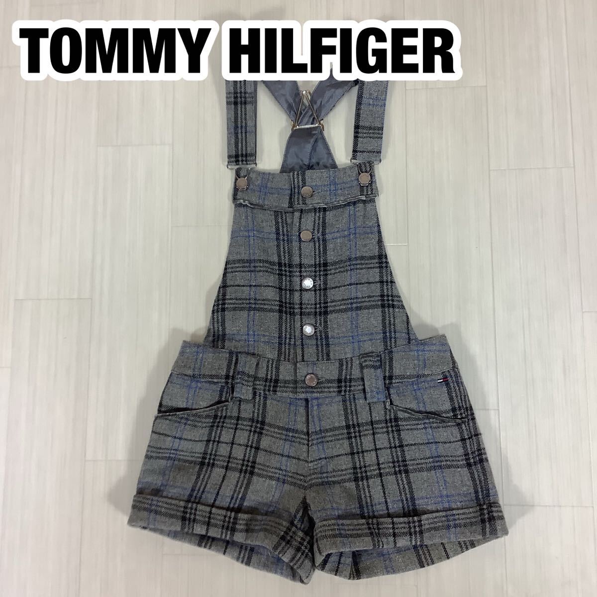 【美品】tommy girl トミーガール ショートオーバーオール サロペット ショート丈 ウール S グレー マドラスチェック 刺繍ロゴ拍卖