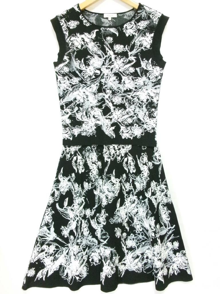 【送料込】 EPOCA エポカ スーツ・セットアップ ブラック×ホワイト 総柄 ニット地 ノースリーブ フレアスカート 日本製 size40 M/972115拍卖