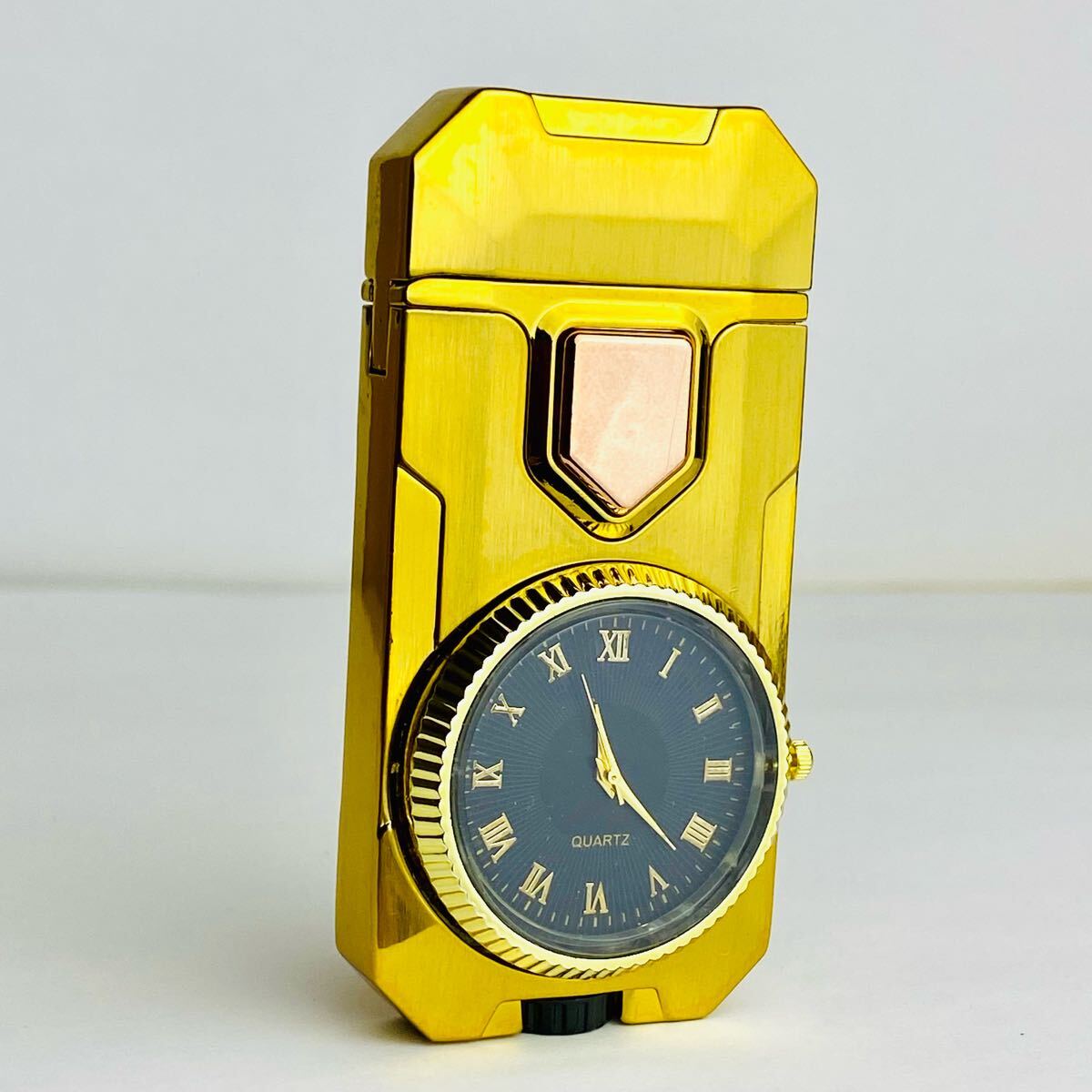 喫煙具亜鉛合金製時計型ガスライターターボライター 2種類の炎搭載 おしゃれ実用的 クォーツ文字盤 ゴールド色拍卖