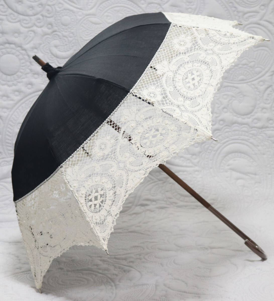 新品【長傘】麻100% 繊細 高級クルーニーレース使用 UVケア 純パラソル 日傘 黒白 日本製 v6979 拍卖