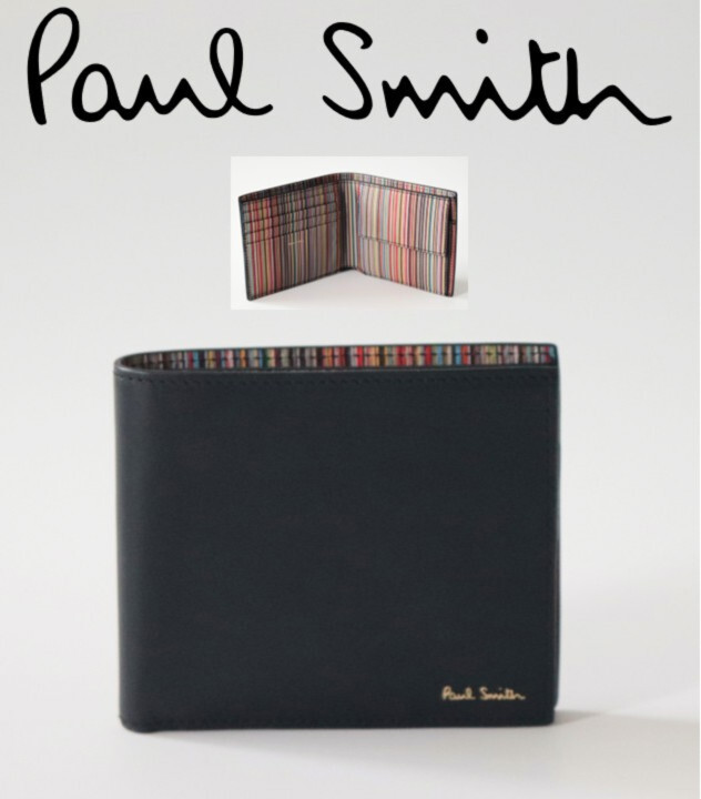 38,500円新品タグ付き【ポールスミス】イタリア製 シグネチャーストライプ 二つ折り財布 黒 v7455拍卖