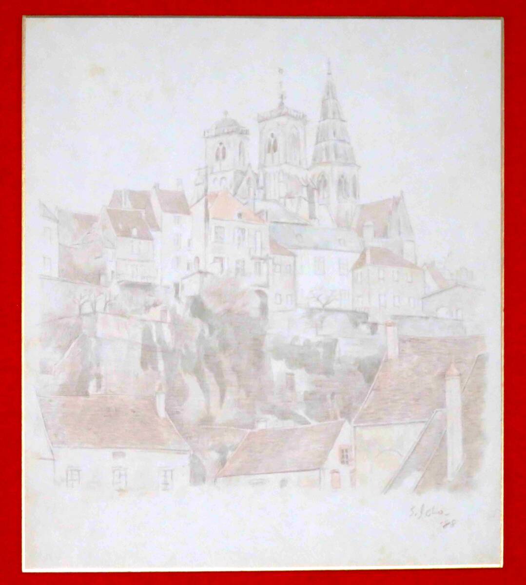 真作 井戸三郎 一水会会員 洋画家 『フランス スミュール・アン・オーソワ風景』 色紙 紙本 肉筆拍卖