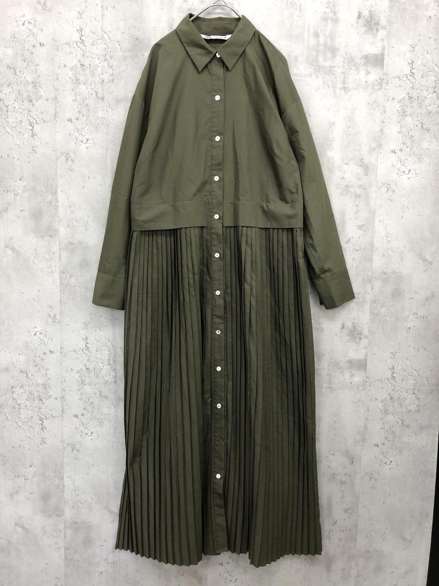 ゆうパケットOK ZARA ザラ サイドスリット 切り替え プリーツ ロング シャツ ワンピース sizeS/カーキ ◇■ ☆ fha8 レディース拍卖