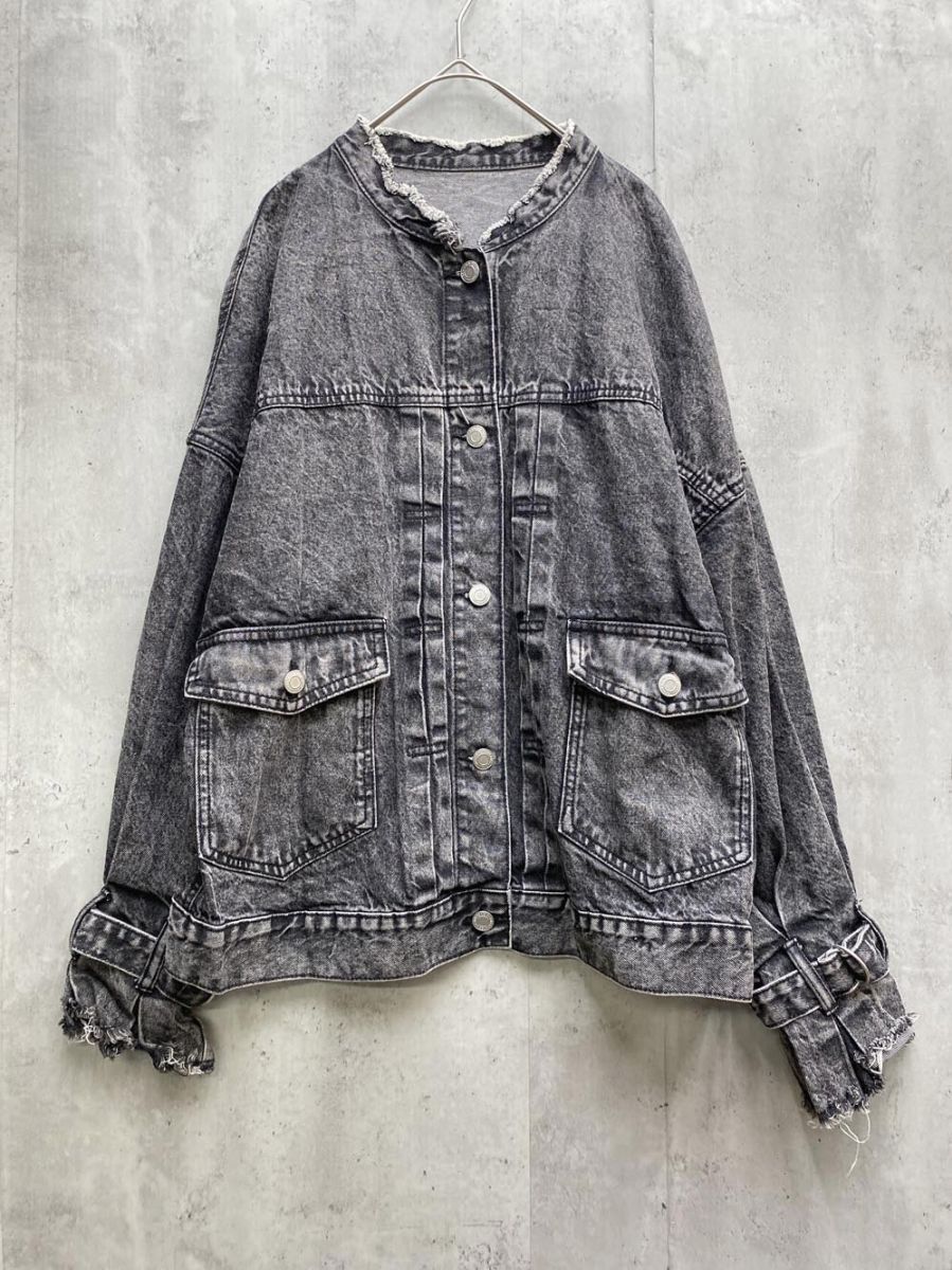Mayree メイリー 袖フレア 襟袖カットオフ Gジャン デニム ジャケット sizeM/黒 ■■拍卖