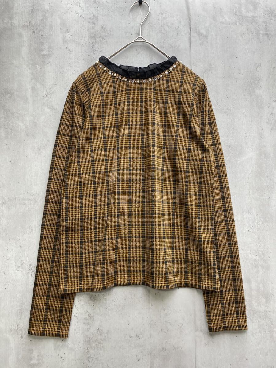 ゆうパケットOK 新品 amelier MAJESTIC LEGON アメリエル マジェスティックレゴン チェック柄フリル衿 PO シャツ sizeF/黒x茶 ◇■拍卖