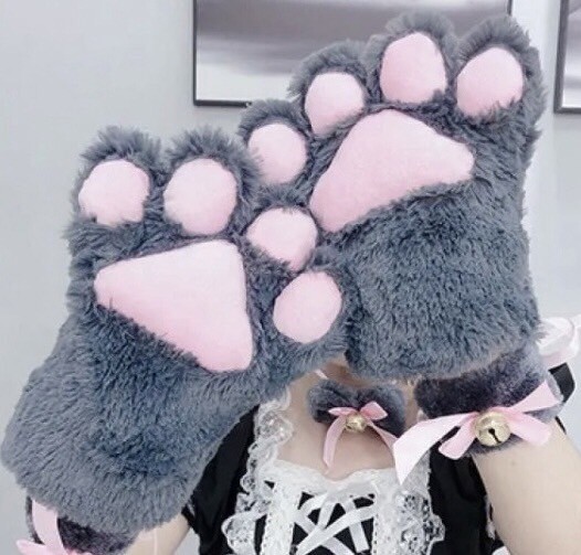 新品 もこもこ 猫の手 グローブ 両手セット グレー コスプレ 肉球グローブ メイド ハロウィン ウェイトレス 萌え アイドル ネコの手 ねこ拍卖