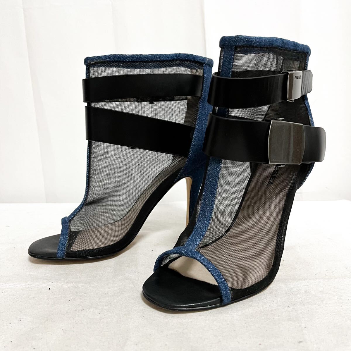和810★ DIESEL ディーゼル デニム シアー ブーツ オープントゥ ヒール シューズ 36 ブラック ブルー レディース拍卖