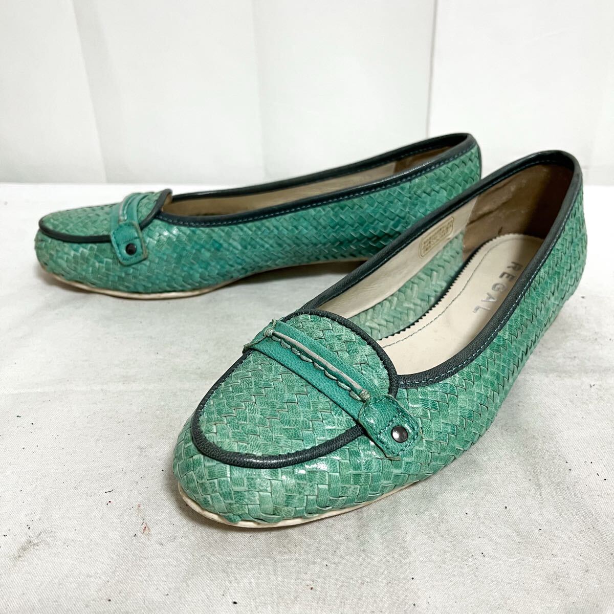 和812★ REGAL リーガル レザーシューズ パンプス 編み込み 23 グリーン レディース拍卖