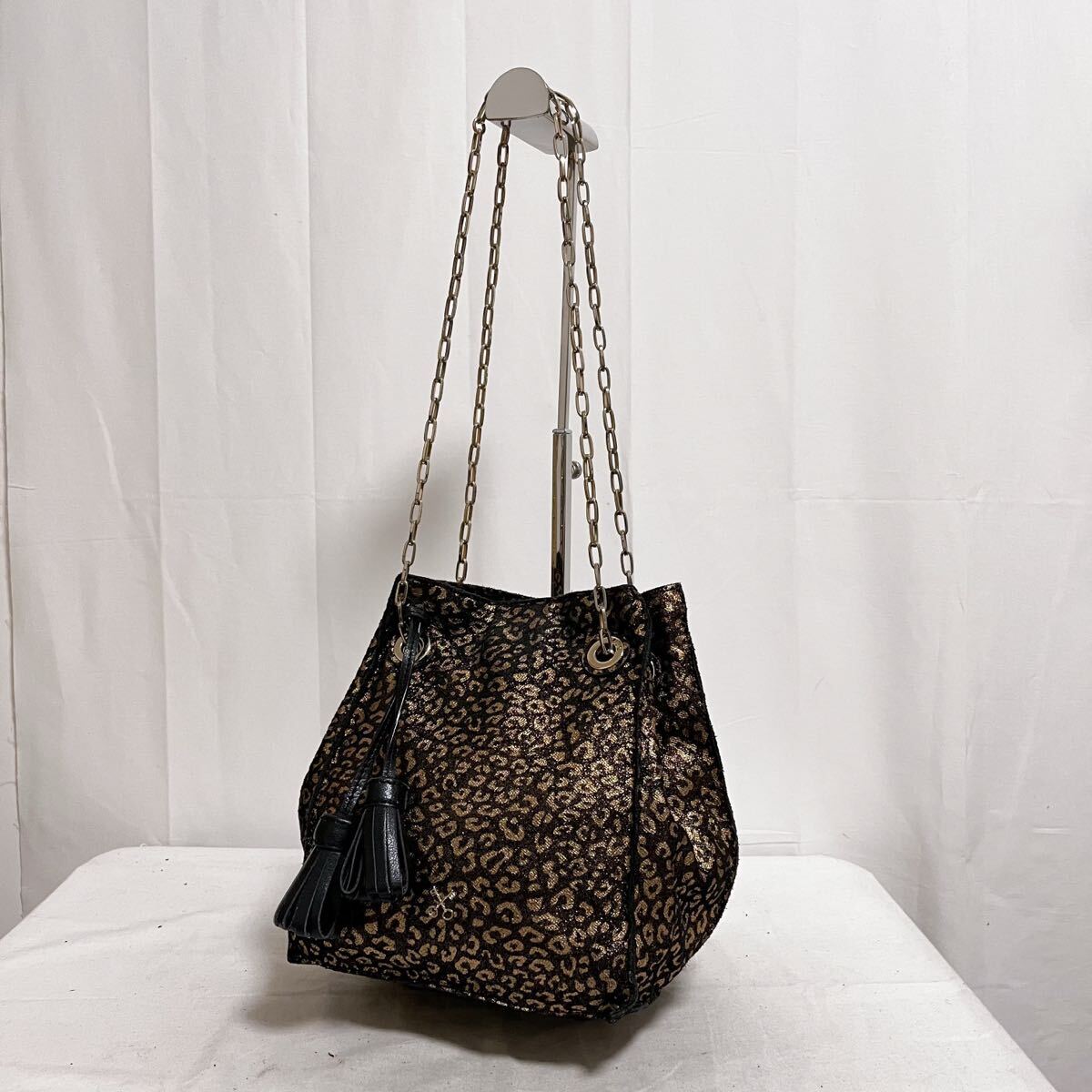 和817★ SAZABY サザビー チェーンバッグ トートバッグ 肩掛けバッグ レオパード ゴールド ブラック レディース拍卖