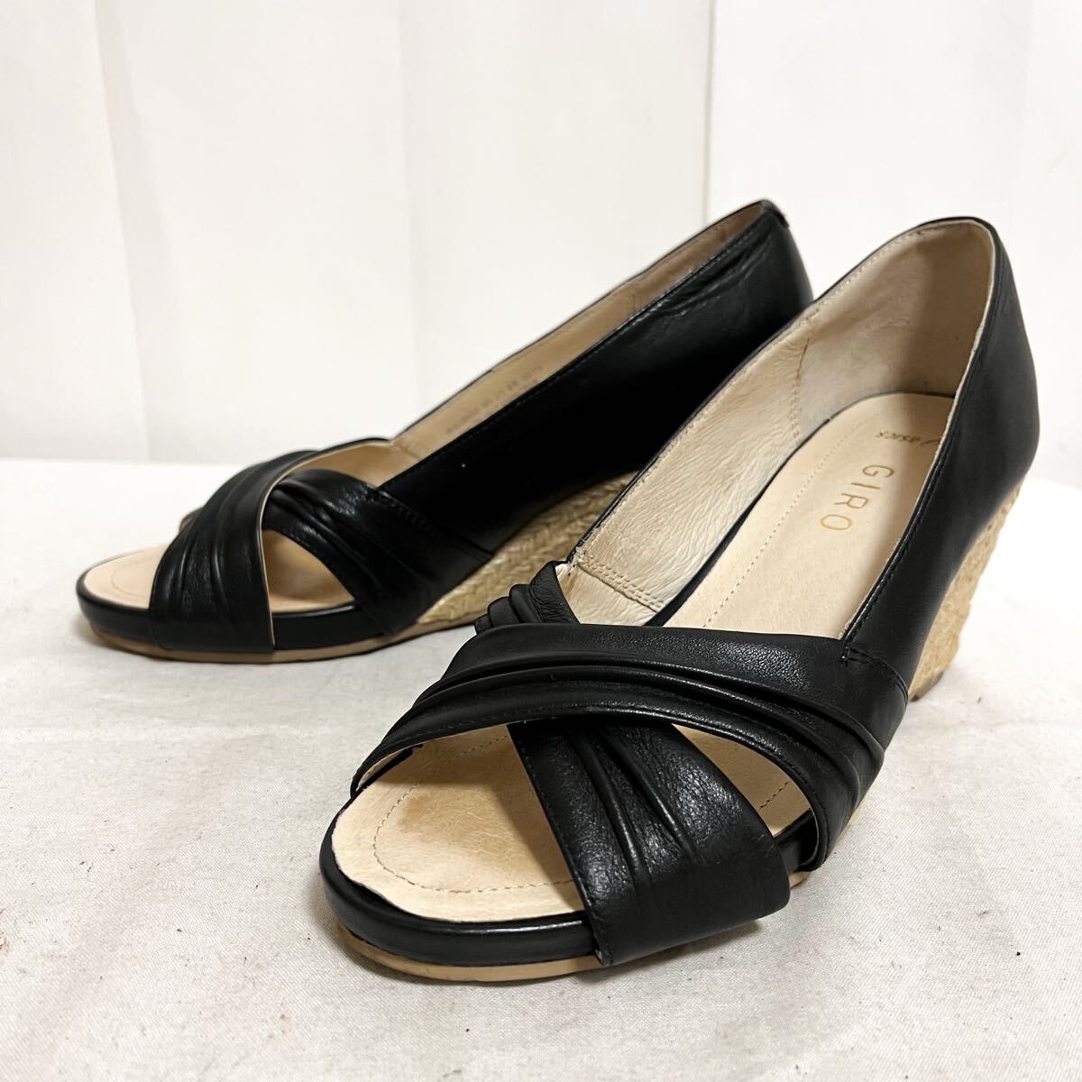 和818★ asics GIRO アシックス ジーロ エスパドリーユ パンプス レザー ウェッジ ヒール 23 EE ブラック レディース拍卖