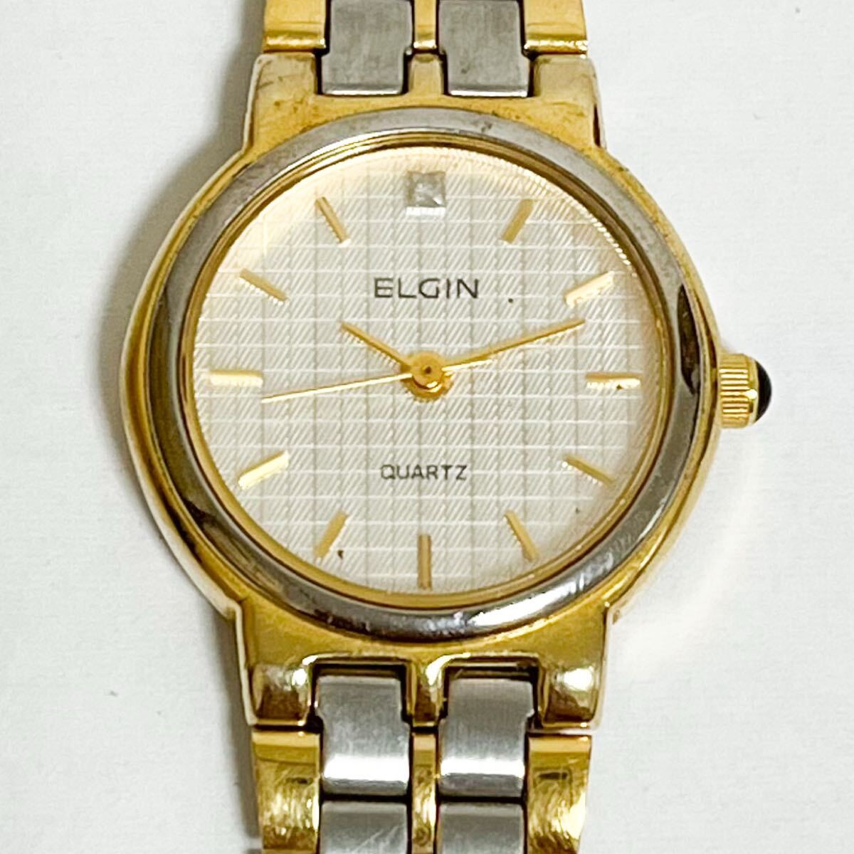 和822★ ELGIN FK200 103056 エルジン クォーツ 腕時計 ウォッチ 3針 シルバーグレー ゴールド メタルバンド レディース拍卖
