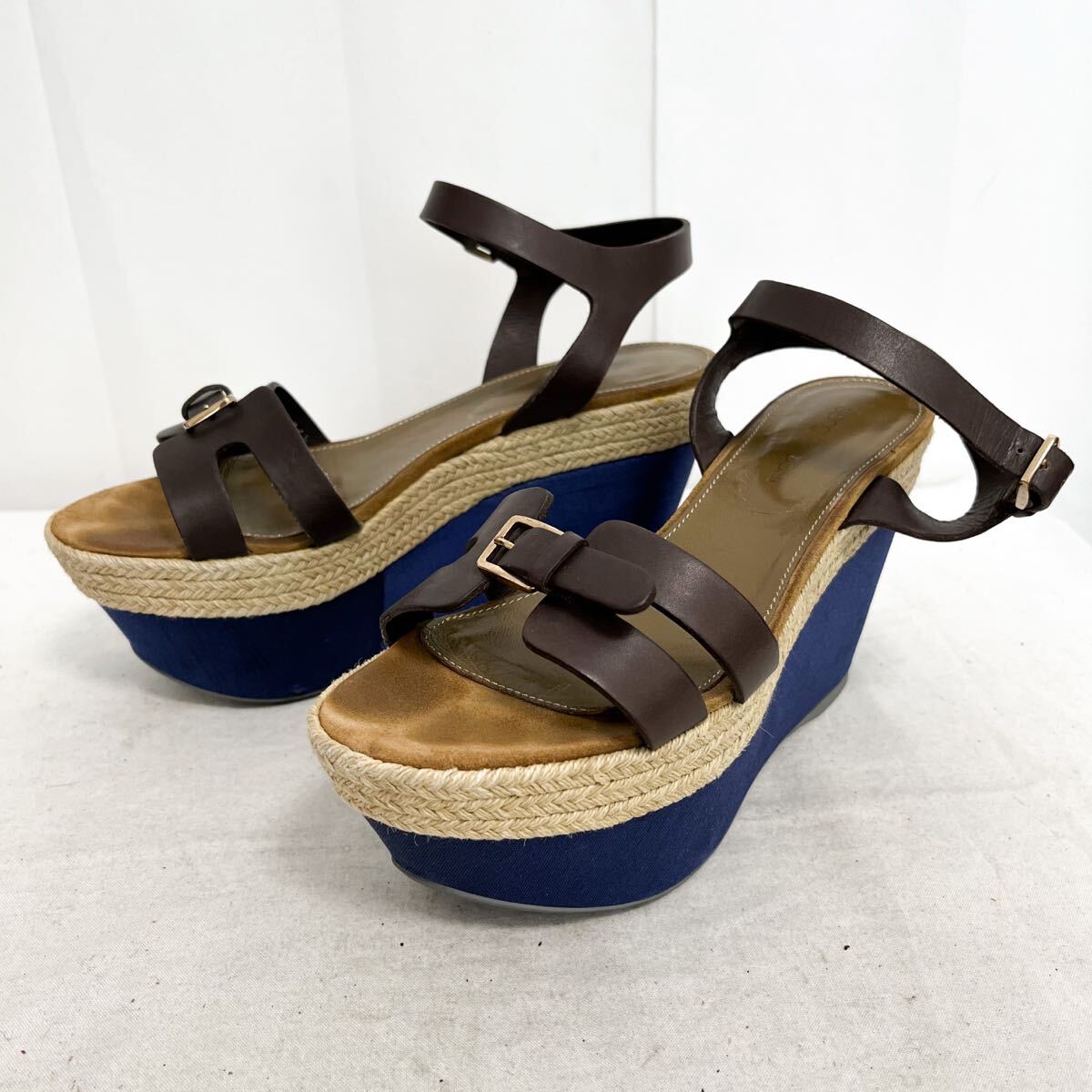 和825★ sergio rossi セルジオロッシ サンダル 厚底 ウェッジヒール エスパドリーユ 36.5 ブラウン ネイビー レディース拍卖