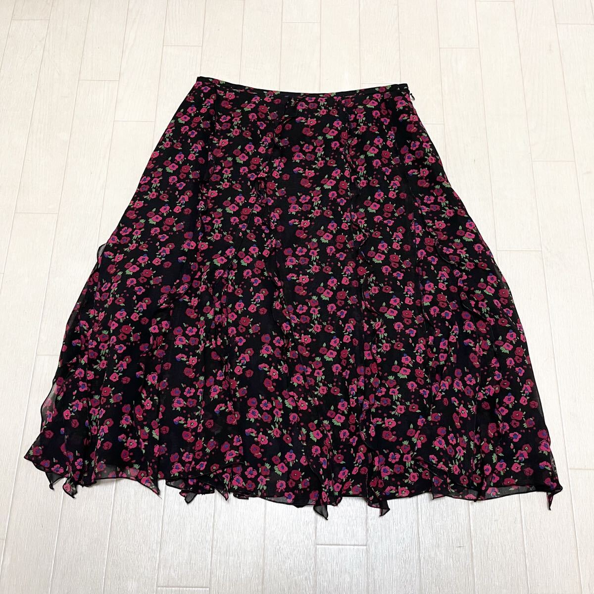 和827★ SONIA SONIA RYKIEL ソニア ソニアリキエル フレアスカート 花柄 フリル 40 ブラック レディース拍卖