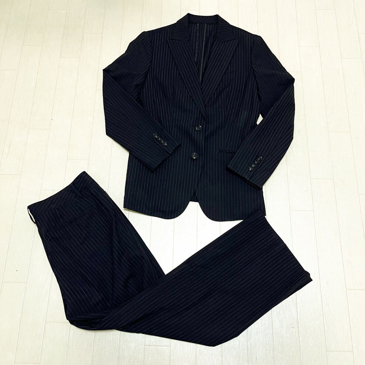 和827★② NEWYORKER ニューヨーカー スーツ セットアップ テーラードジャケット パンツ ストライプ シングル 11AR ブラック レディース拍卖