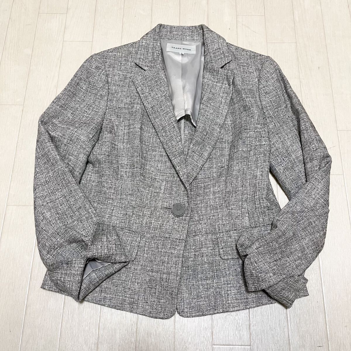 和827★ TRANS WORK トランスワーク テーラードジャケット シングルボタン キラキラ 38 グレー レディース拍卖