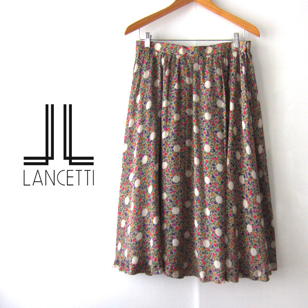 美品 LANCETTI/ランチェッティ★ 小花プリント シルク ひざ丈フレアスカート拍卖