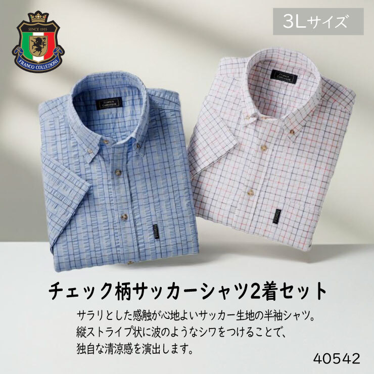 半袖 サッカーシャツ 3Lサイズ 2着セット●40542-3L●新品 ホワイト×ピンク ブルー チェック柄 メンズ 紳士 清涼感 おすすめ おしゃれ Z1拍卖