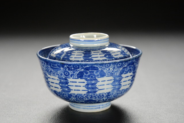 古い蓋茶碗 矢羽根 0519-5 検索用語→A明治印判花幾何学懐石料理丼蓋付き茶碗拍卖