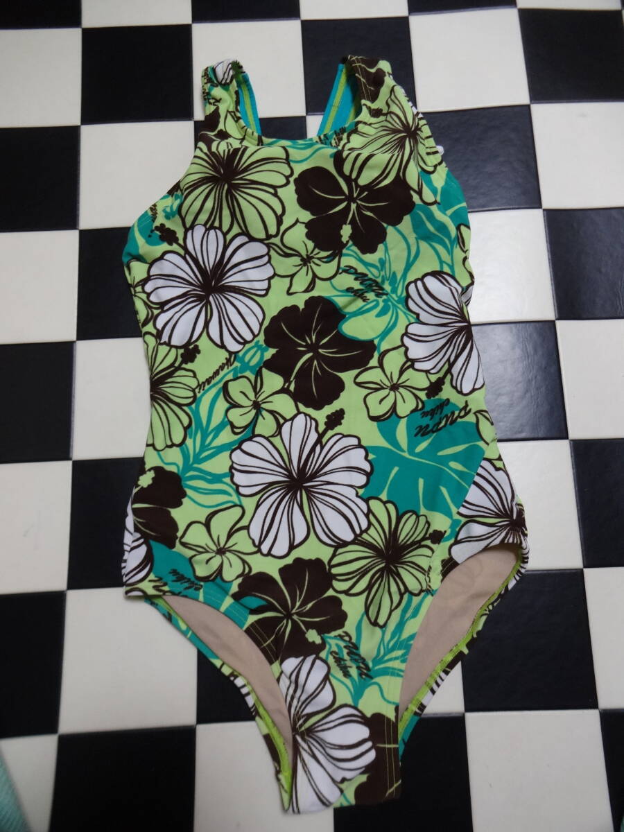 DEUXCINQ 女性水着ワンピース サイズ11 D7411 黄緑茶花柄 全体にネット拍卖