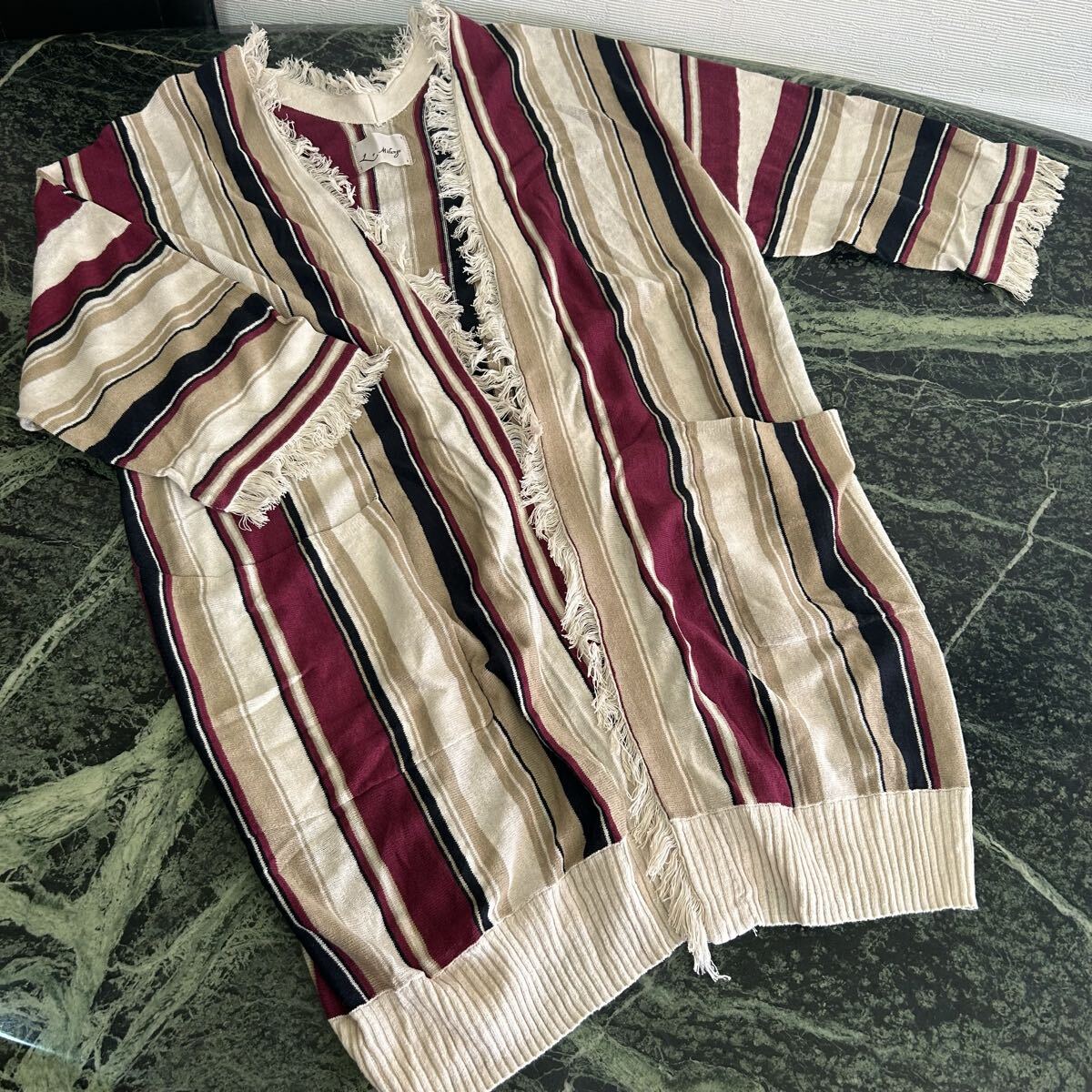 【美品】Le Melange★ルメランジュ ニットカーディガン 配色ストライプガウン ベージュ アイボリー エンジ フリーサイズ レディース拍卖