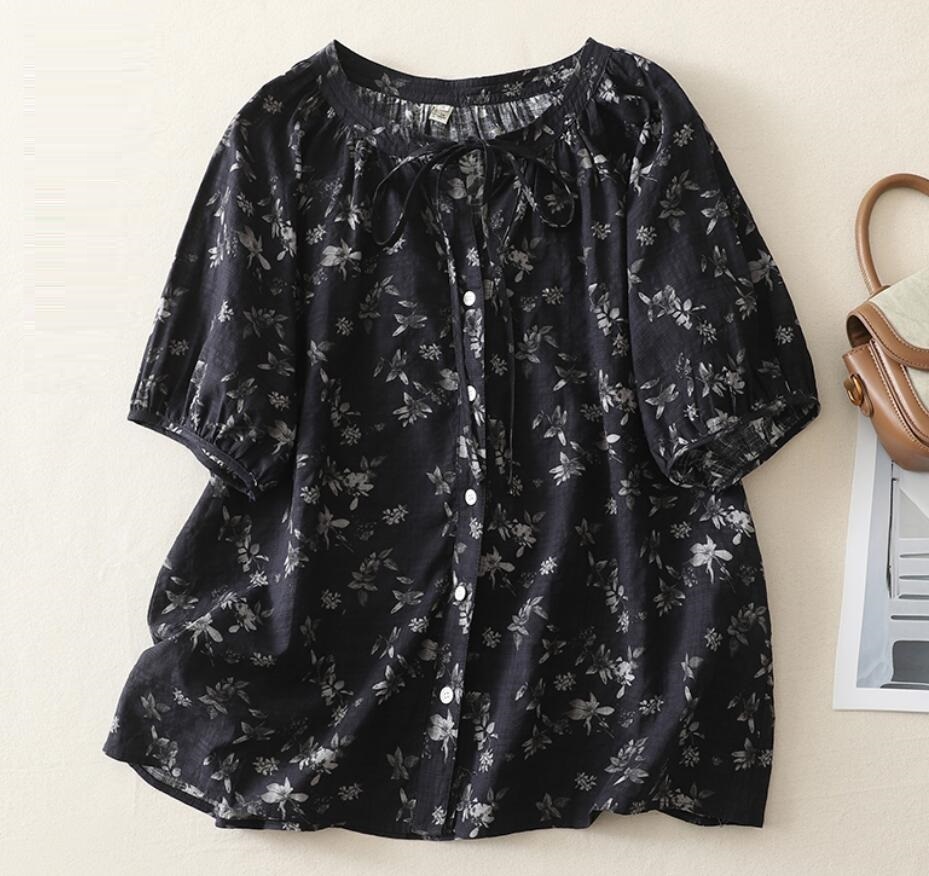 新入荷~カジュアル ゆったり チュニック レディーストップス プリント柄 ブラウス 大きいサイズ 総柄 薄手 シャツ ブラウス 前開き 半袖~拍卖