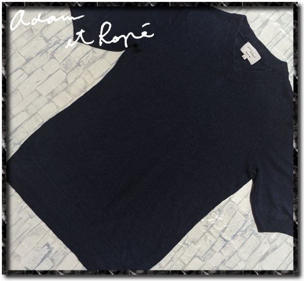 ★Adam et Rope アダムエロペ 麻100%切替Vネック半袖ニット 紺★拍卖