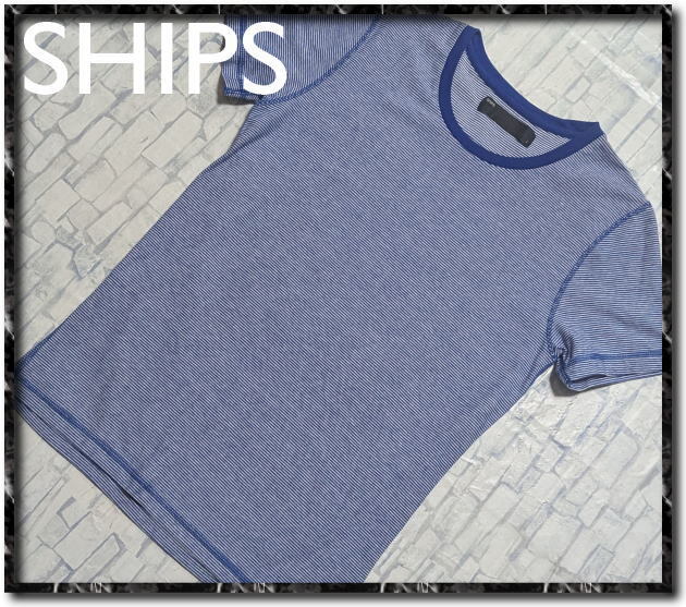 ★SHIPS シップス 丸首ボーダー半袖Tシャツ 青×白★拍卖