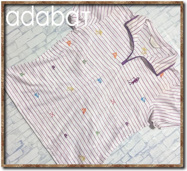 ☆adabat アダバット 刺繍入りボーダー半袖ポロシャツ 白☆拍卖
