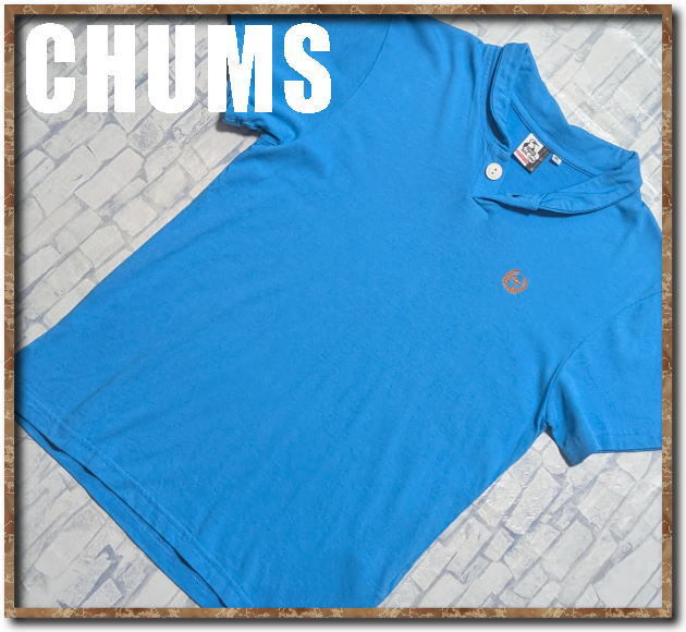 ☆CHUMS チャムス 刺繍入り半袖カットポロシャツ 青☆拍卖
