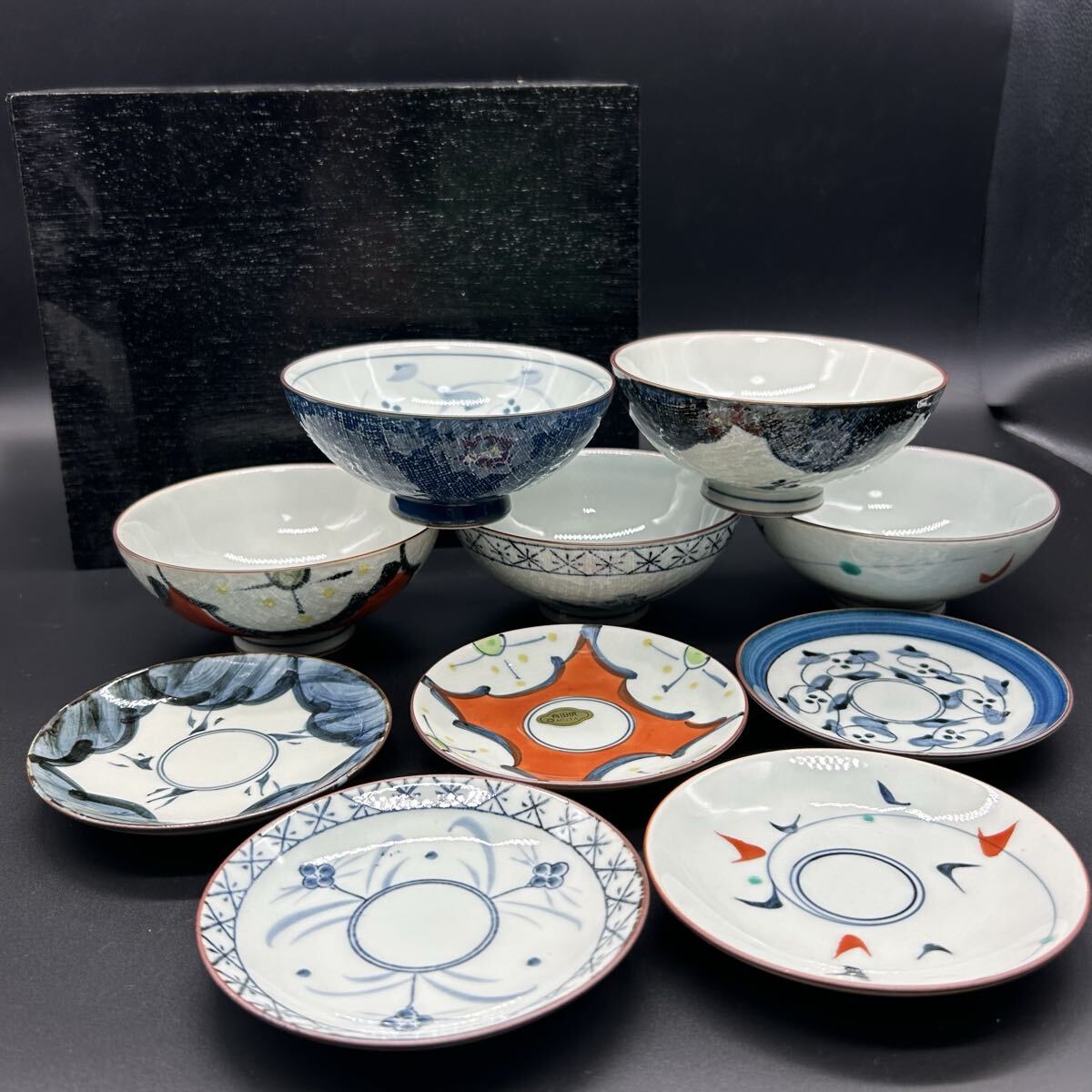 有田焼 千窯 飯碗揃 お茶碗 小皿 絵柄 小皿付絵変り 陶磁器 エ10拍卖