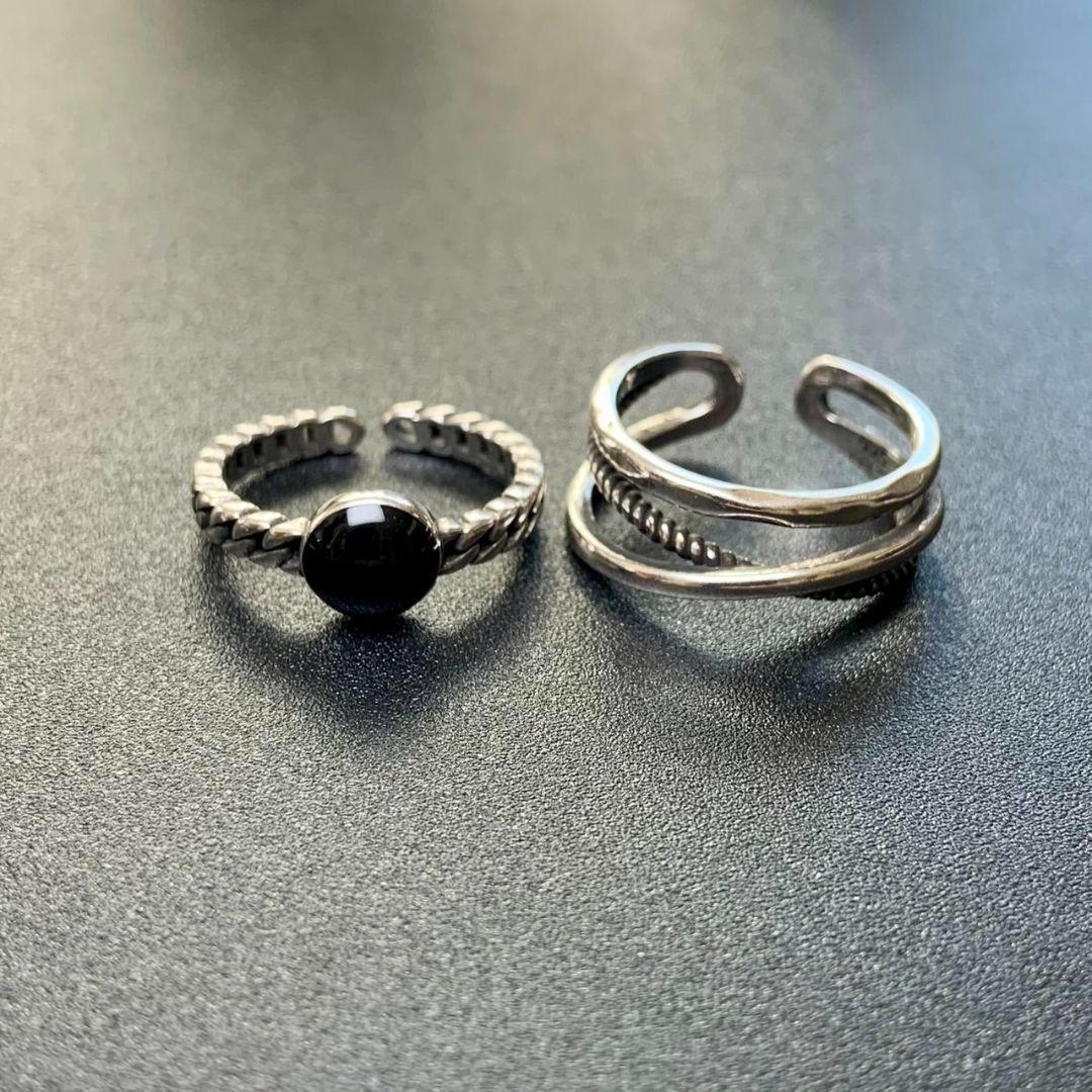 ブラックストーン&ライン リング S925 刻印 2個セット シルバー 指輪 ジュエリー アクセサリー シンプル かわいい レディース 韓国拍卖