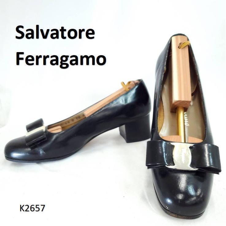 サルヴァトーレフェラガモ ヴァラ 金具 リボン 本革 レザー US5.5C拍卖