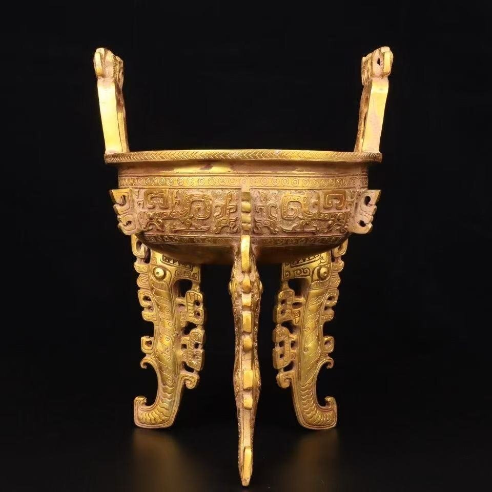 J1888 旧家収蔵 【西周青銅器銅製金扁足鼎】 置物拍卖