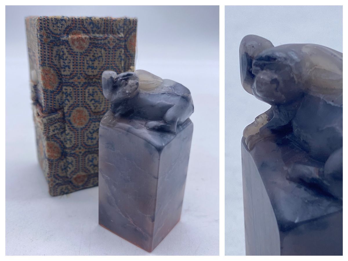 寿山石 坑頭石 印材 虎鈕 共箱 中国古玩 篆刻 書道具 骨董 古美術 高さ6x 幅2.3cm 印材(13072)拍卖